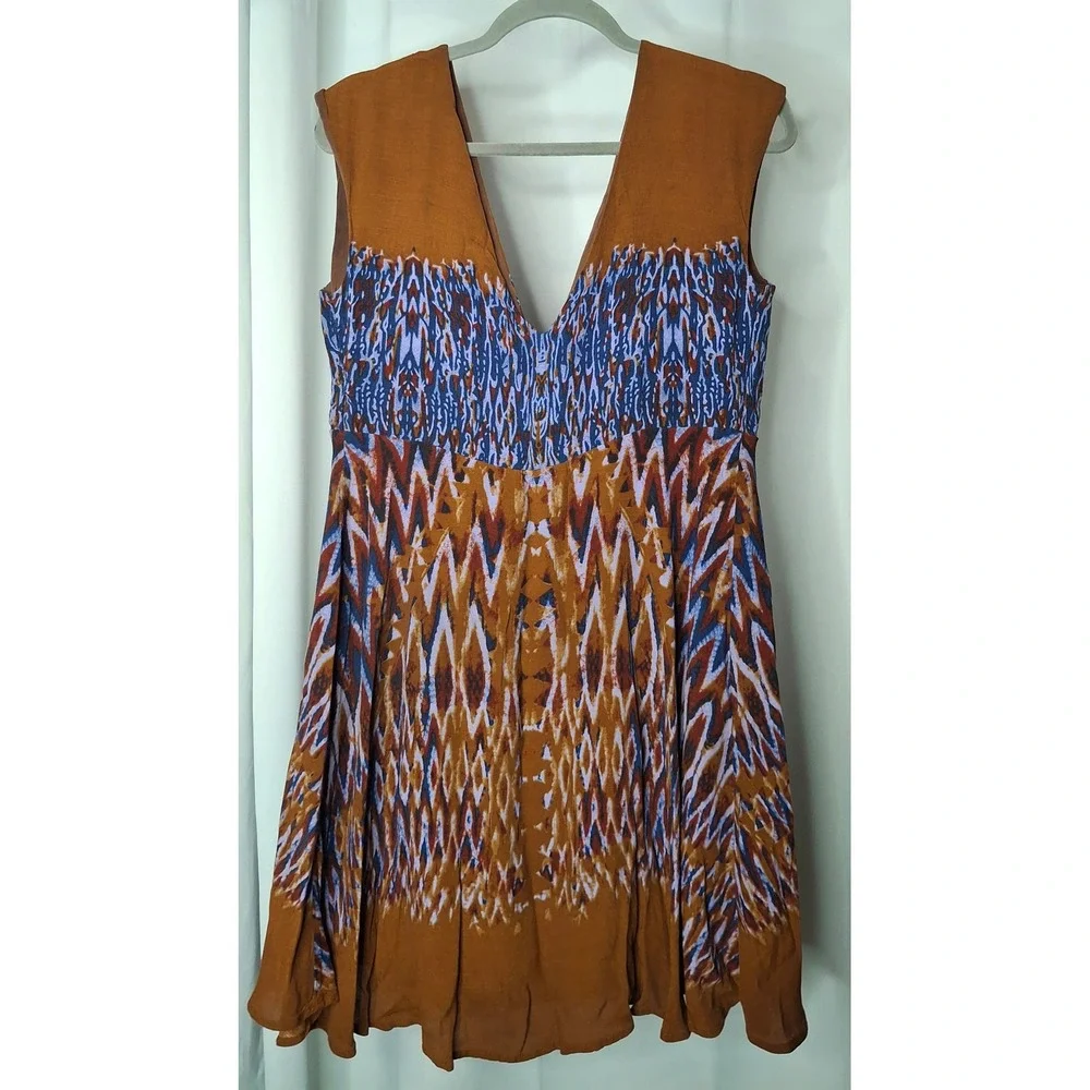 Free People Theodora Mini Dress Rust Brown Blue Size M Boho Western